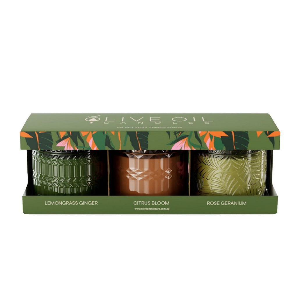 OOSC Giftpack, Premium Olive Oil Candles Trio Set: Rose Geranium, Citrus Bloom and Lemongrass and Ginger-2